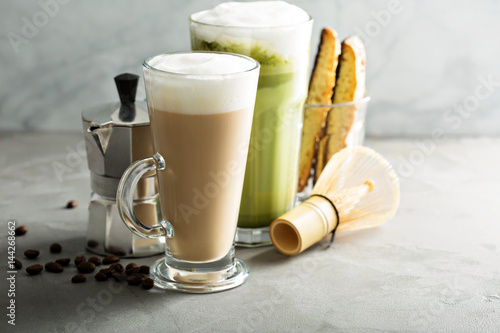 Regular coffee and matcha latte