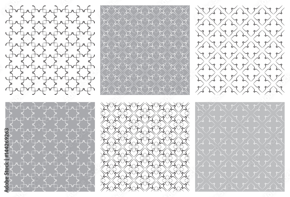 Set of seamless patterns. Geometric backgrounds with abstract flowers for textile, shower curtains, duvet covers, pillows, carpets, blankets, packaging paper, wallpaper.