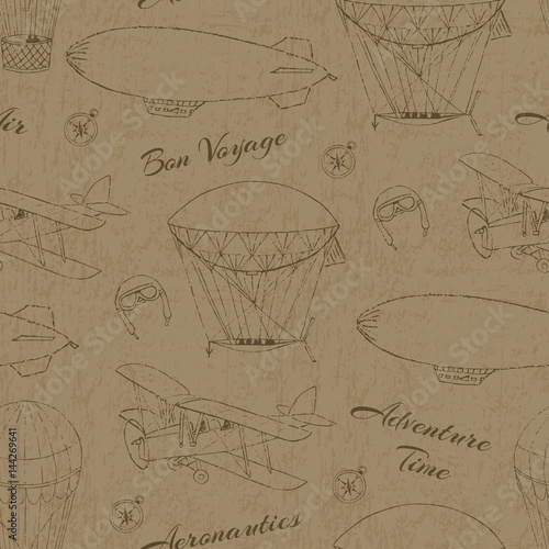 Grunge background. Seamless pattern with hand drawn aeronautic transport. Vector texture for web, print, wallpaper, wrapping.