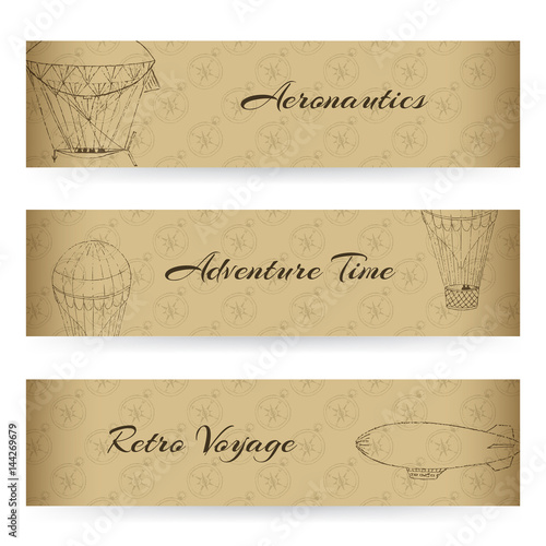 Web banners with hand drawn elements on aeronautics theme. Vintage style. Vector illustration. You can put your own text message.