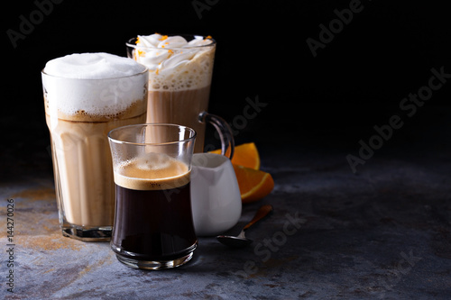 Fotografie Coffee latte, black espresso and viennese coffee