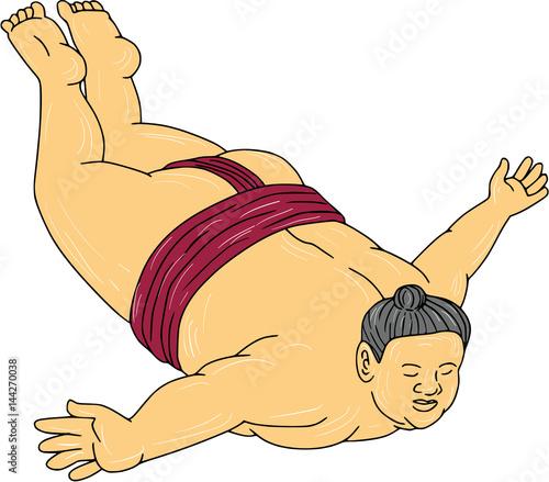 Japanese Sumo Wrestler Skydiving Drawing