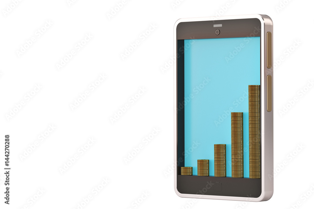 Smartphone with gold coin stack.3D illustration. Smartphone with gold coin stack.3D illustration.