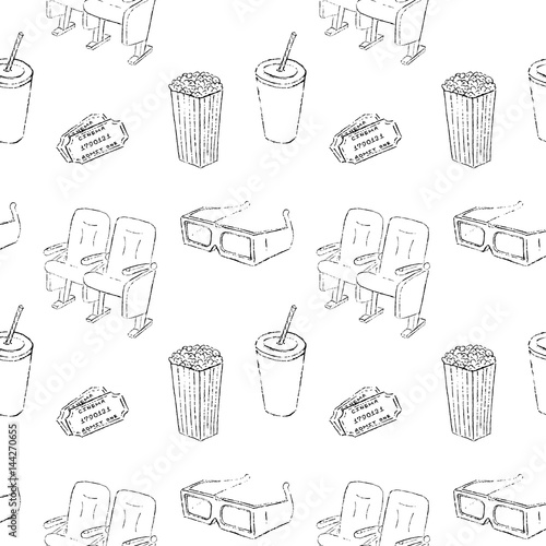 Seamless pattern with hand drawn cinema elements on white. Endless sketch background for surface textures, wallpaper, web page background, wrapping.