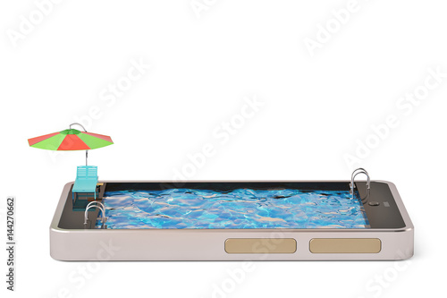 Mobile phone concept touchscreen smart phone with swimming pool.3D illustration.