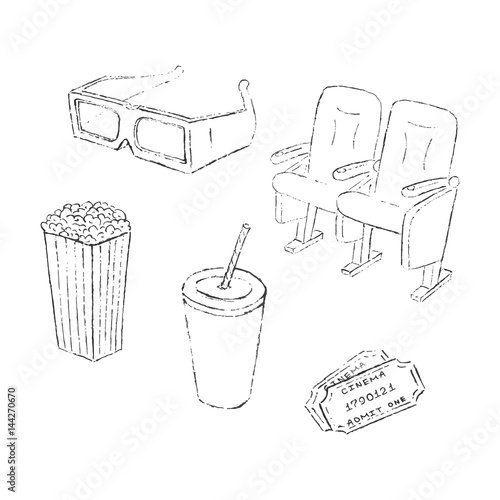 Vector hand drawn cinema elements on white. Sketch icons.