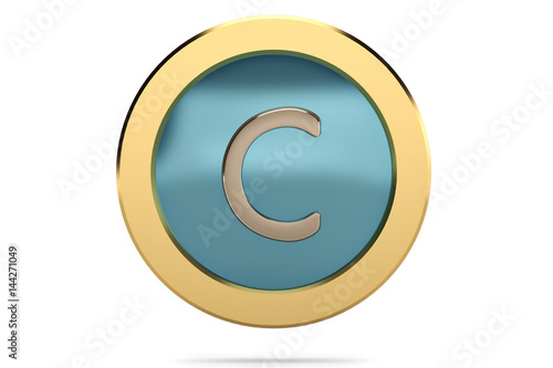 Golden ring with alphabet C on white background.3D illustration.