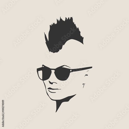 Face half turn view. Elegant silhouette of a female head. Vector Illustration. Mohawk hair style. Monochrome gamma.