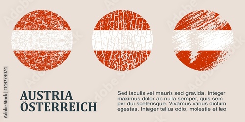 Austria flag design concept. Flags collection textured in grunge style with country name. Image relative to travel and politic themes. Translation of the inscription: Austria