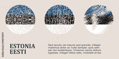 Estonia flag design concept. Flags collection textured in grunge style with country name. Image relative to travel and politic themes. Translation of the inscription: Estonia