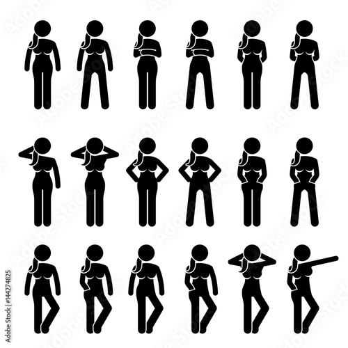 Basic Woman Standing Postures and Poses. Artworks depict a female human standing in various positions with different body languages. 
