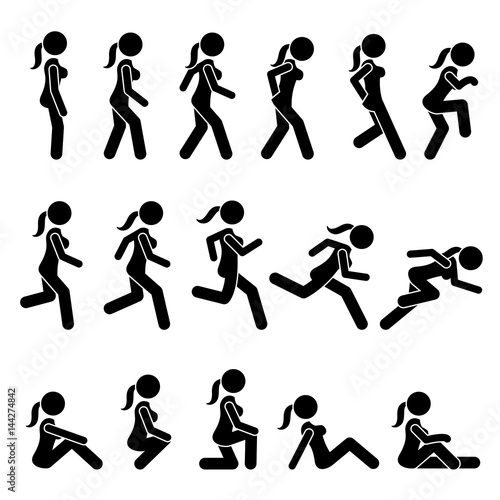 Basic Woman Walk and Run Actions and Movements. Artworks depict a female human walking and running in various motions, positions, and postures. 