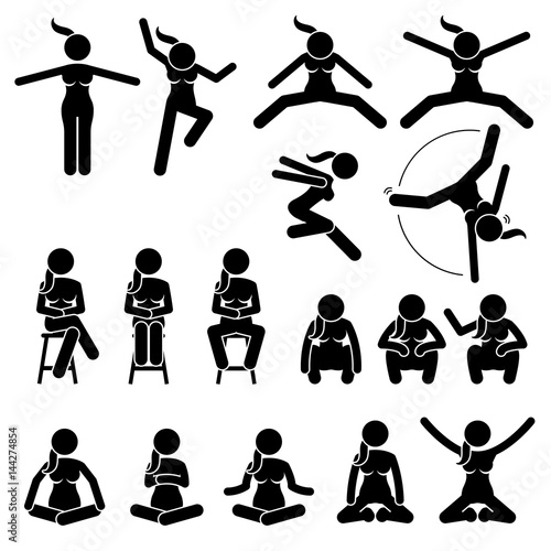Basic Woman Jump and Sit Actions and Positions. Artworks depict a female human jumping and sitting in various motions and postures. 