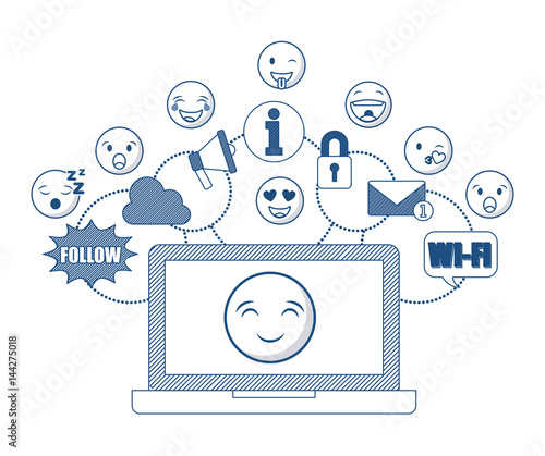 laptop computer with cartoon faces around over white background. vector illustration photo