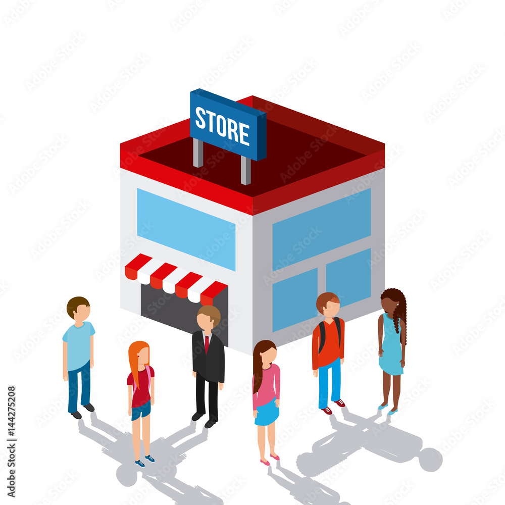 people around store building isometric icon over white background. colorful design. vector illustration people around store building isometric icon over white background. colorful design. vector illustration