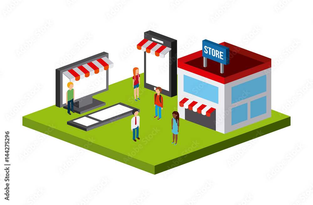 store building and people isometric icons over white background. colorful design. vector illustration store building and people isometric icons over white background. colorful design. vector illustration