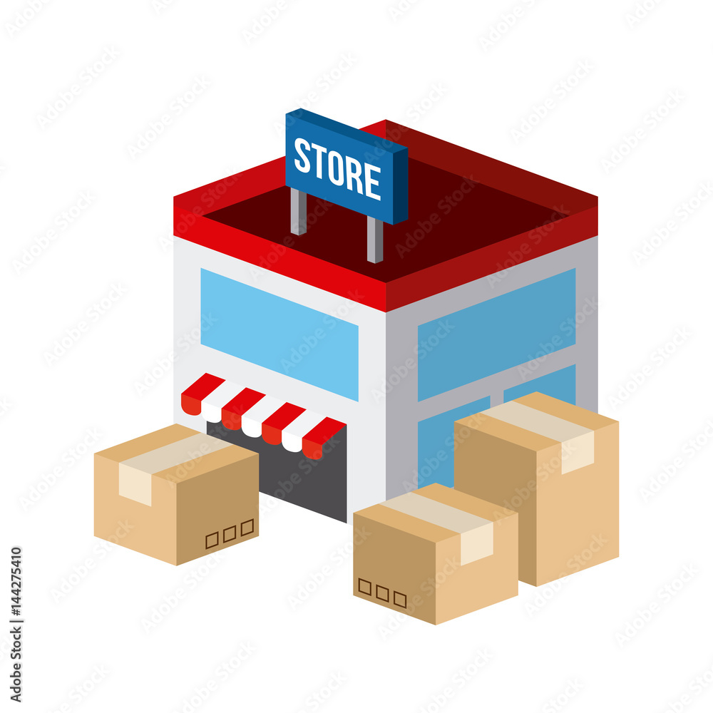 boxes and store building isometric icon over white background. colorful design. vector illustration boxes and store building isometric icon over white background. colorful design. vector illustration