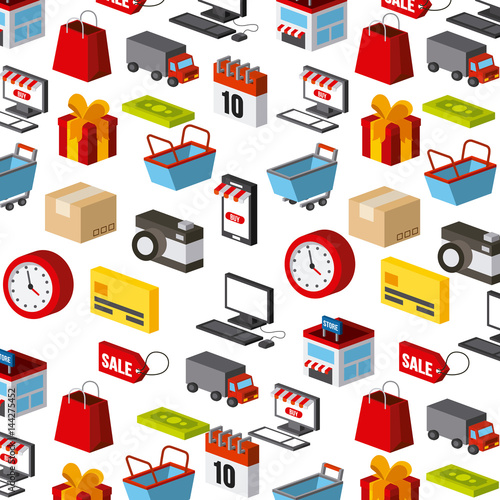 shopping related isometric icons background. vector illustration