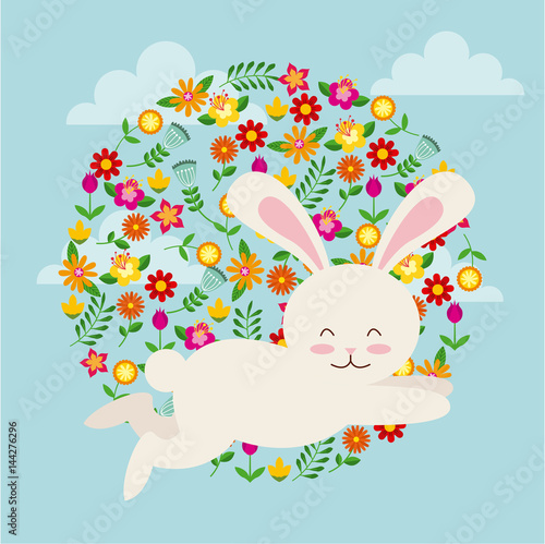 flowers and easter bunny icon over blue background. colorful design. vector illustration
