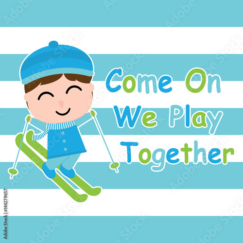 Cute boy is playing ski on striped background vector carton for kid postcard and wallpaper, T-shirt design for kid, vector illustration