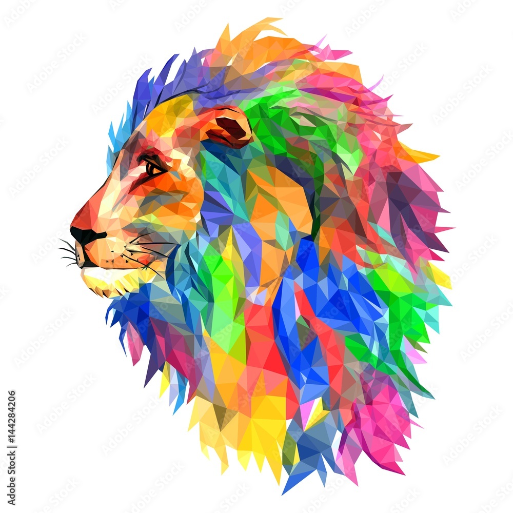 Naklejka premium Głowa lwa, król zwierząt, mozaika. Modny styl geometryczny na białym tle. Kolorowy wektor. geometryczny pomięty trójkątny