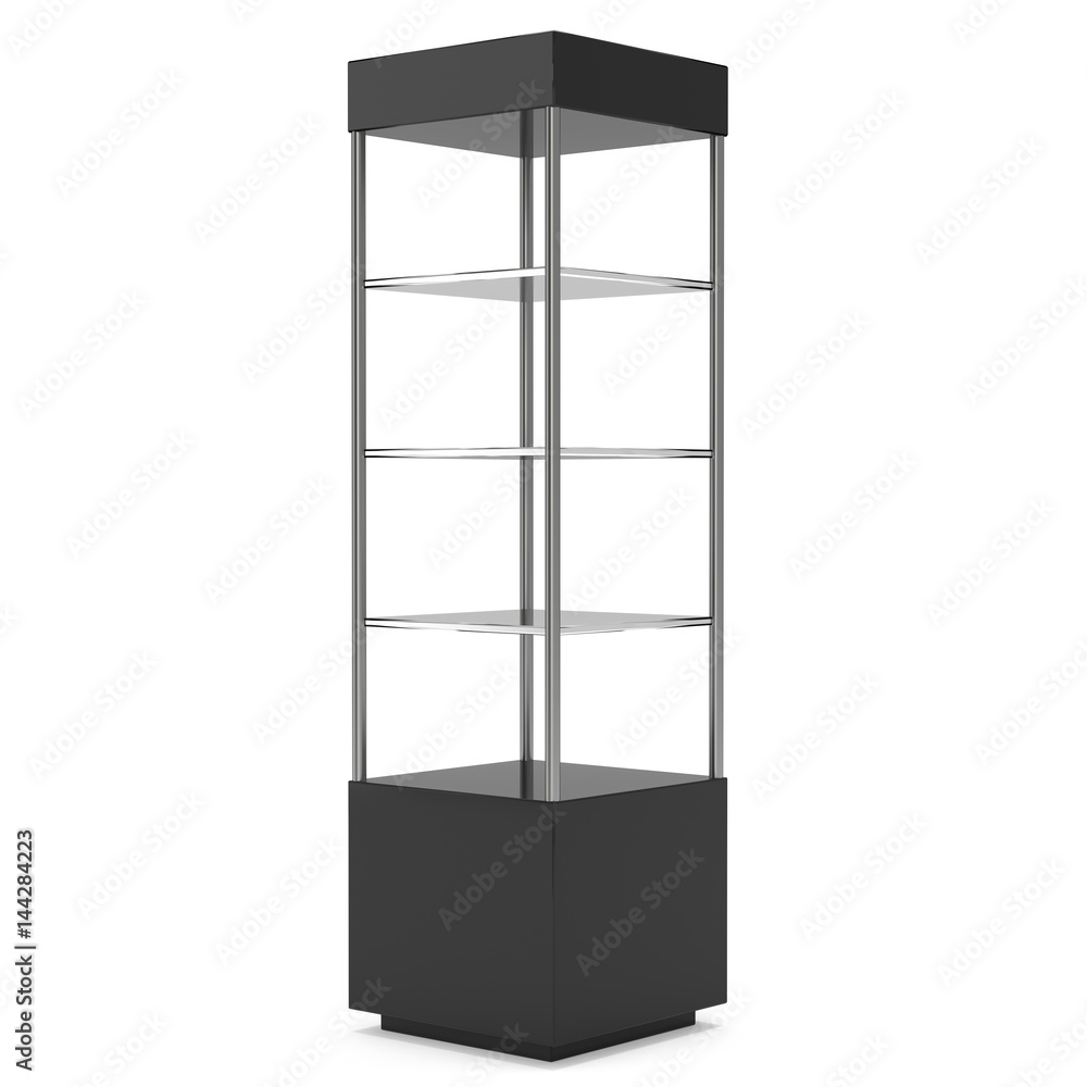 Empty showcase with glass shelves for exhibit. 3D render illustration isolated on white background. Trade show booth black pedestal for expo design. Empty showcase with glass shelves for exhibit. 3D render illustration isolated on white background. Trade show booth black pedestal for expo design.