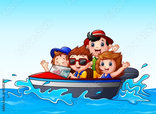 Kids riding a motor boat in the ocean