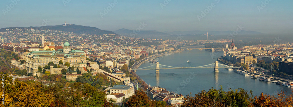 Panoramic overview of Budapest, Hungary. Parliament building is on the right and Buda Castle on the left part of the photo. Photo was made with Gellert Hill