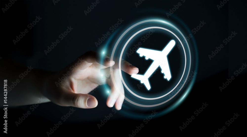Businesswoman booking her flight with modern digital application 3D rendering Businesswoman booking her flight with modern digital application 3D rendering