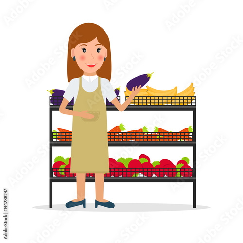 Grocery store female salesperson against vitrine with vegetables and fruit in flat style. Smiling gesturing woman greengrocery seller against vitrine with food.