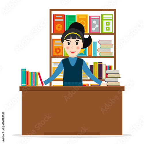 Female bookseller at the counter against shelves with books in flat style. Vector illustration of smiling woman selling books at the bookstore or librarian at the library.