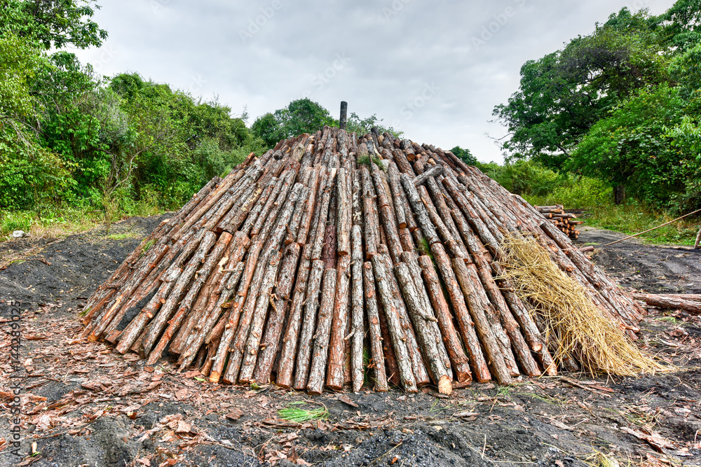 Wood pyre being prepared for the creation of charcoal from pine logs in Vinales, Cuba. Wood pyre being prepared for the creation of charcoal from pine logs in Vinales, Cuba.