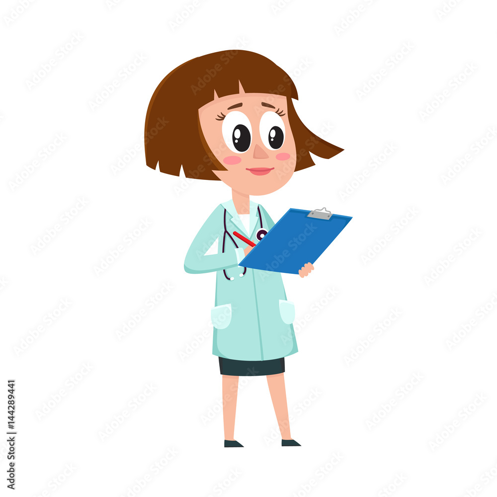 Comic woman doctor character writing something into medical record, cartoon vector illustration isolated on white background. Full length portrait of funny woman doctor holding clipboard Comic woman doctor character writing something into medical record, cartoon vector illustration isolated on white background. Full length portrait of funny woman doctor holding clipboard