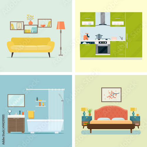 Set of interior design room . Living room, bedroom, kitchen and bathroom. Vector flat illustration
