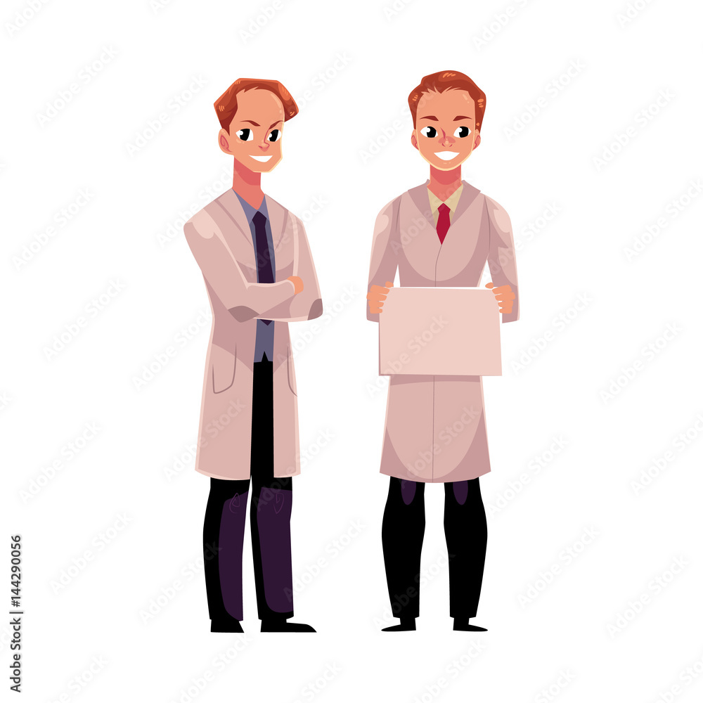 Two male doctors in medical coats, one holding blank board, sign, plate,  another with folded arms, cartoon vector illustration isolated on white  background. Full length portrait of two man doctors Stock Vector |