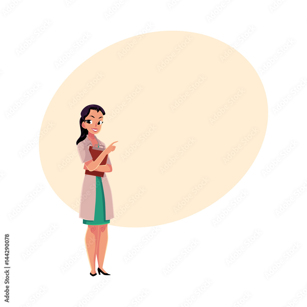 Female, woman doctor in white medical coat holding clipboard, pointing to the right, cartoon vector illustration with space for text. Full length portrait of female doctor with clipboard Female, woman doctor in white medical coat holding clipboard, pointing to the right, cartoon vector illustration with space for text. Full length portrait of female doctor with clipboard