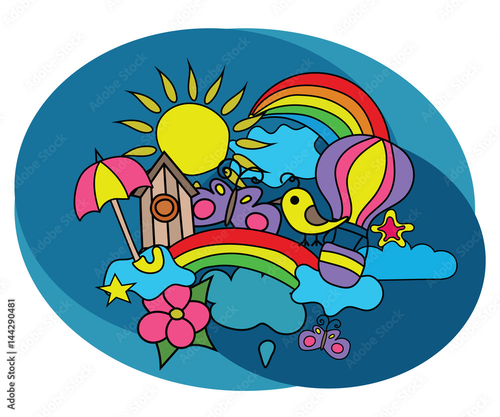 Summer weather design set. Coloring book page template. Outline doodle vector illustration. Summer weather design set. Coloring book page template. Outline doodle vector illustration.