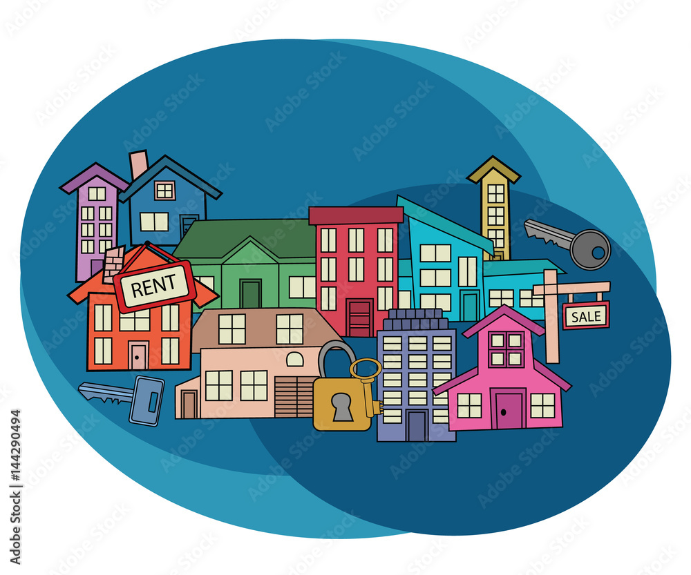 Real estate design set. Cartoon free hand draw doodle vector illustration.