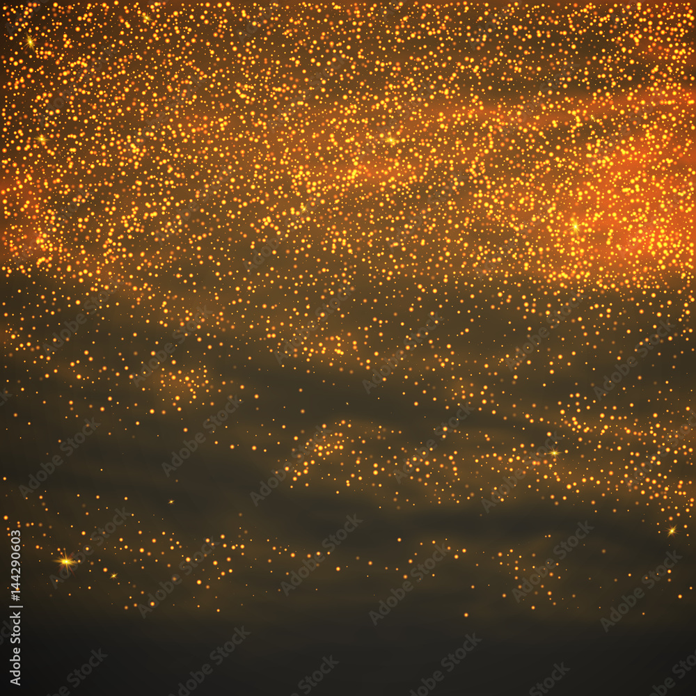 Particles of golden shine on a transparent background. Vector texture of golden dust. Flickering confetti, twinkling star lights. A magical glowing spray of spray. 