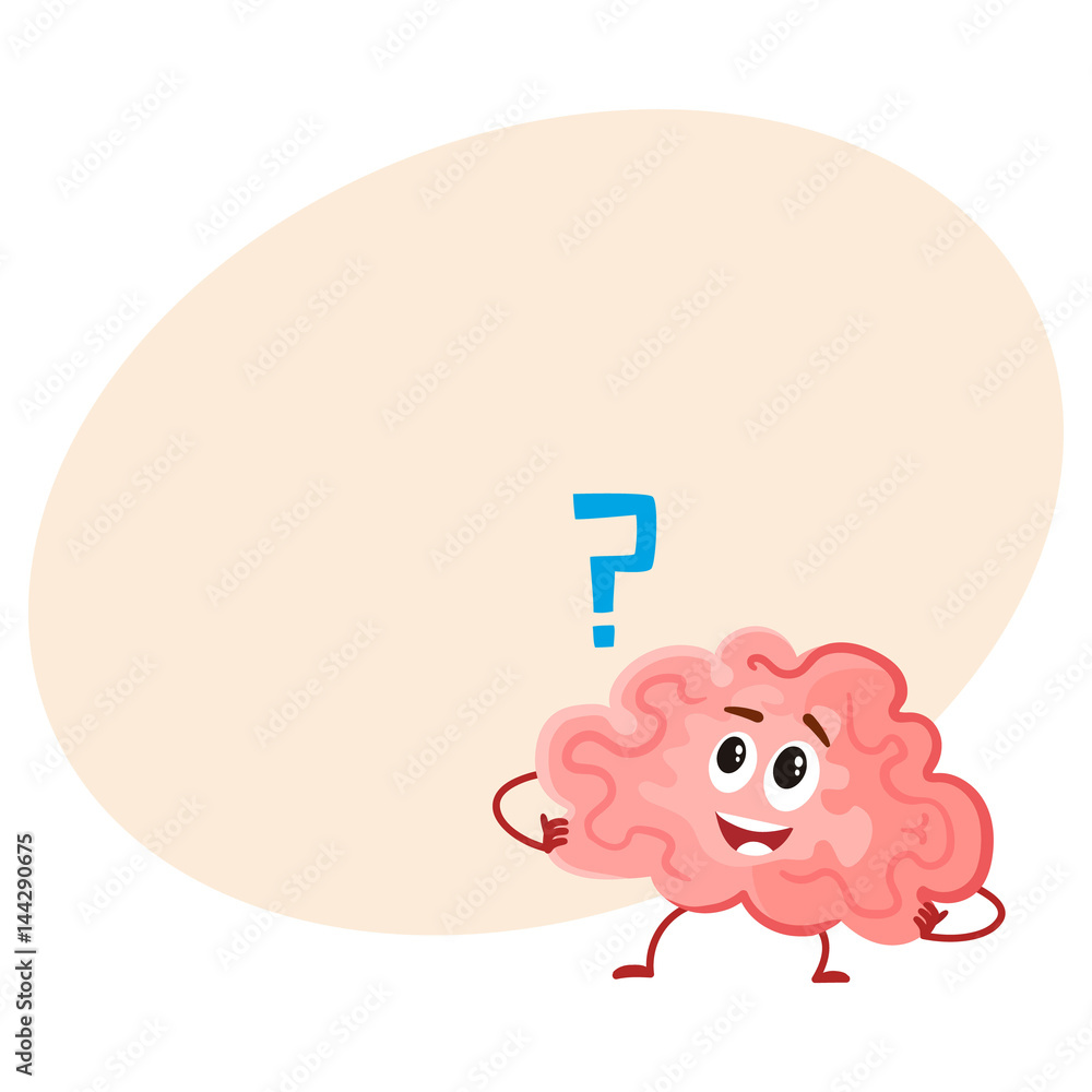 Cute and funny, smiling human brain character, intellectual, thinking  organ, cartoon vector illustration with space for text. Healthy human brain  character, health care concept Stock Vector | Adobe Stock