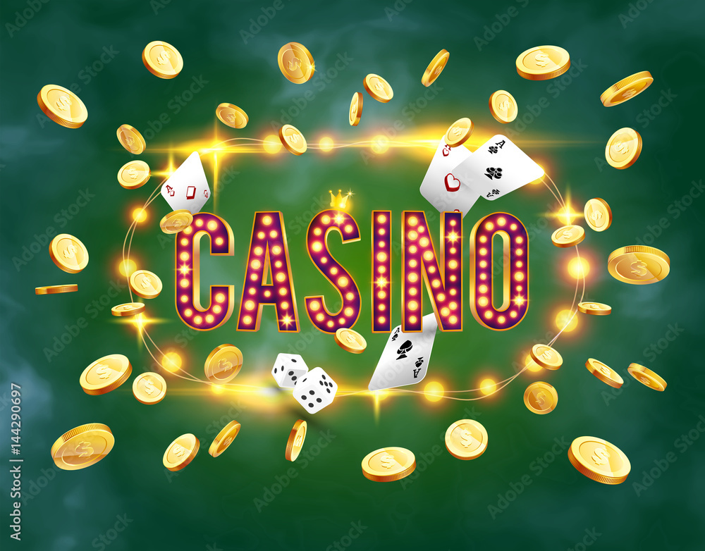 Naklejka premium The word Casino, surrounded by a luminous frame and attributes of gambling, on a explosion background. The new, best design of the luck banner, for gambling, casino, poker, slot, roulette or bone.