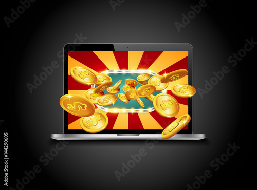 Bright retro banner for online casinos, poker, roulettes or slots. Coins are falling from the laptop. The big jackpot. You are the winner