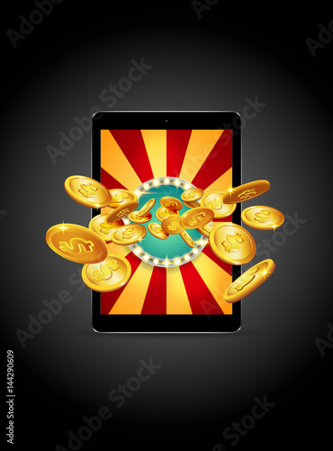 Bright retro banner for online casinos, poker, roulettes or slots. Coins are falling from the pad. The big jackpot. You are the winner