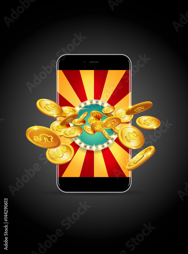 Bright retro banner for online casinos, poker, roulettes or slots. Coins are falling from the smartphone. The big jackpot. You are the winner