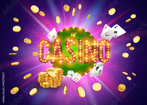 The word Casino, surrounded by a luminous frame and attributes of gambling, on a explosion background. The new, best design of the luck banner, for gambling, casino, poker, slot, roulette or bone.