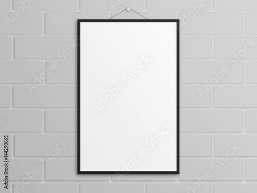 Empty 3D illustration tabloid poster mockup with black frame on wall. photo