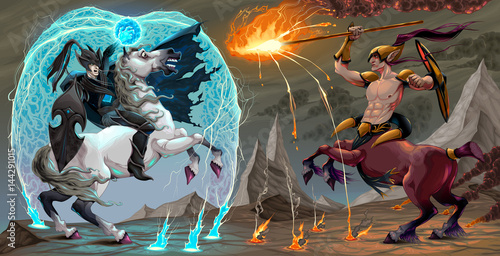 .Fighting scene between dark elf and centaur