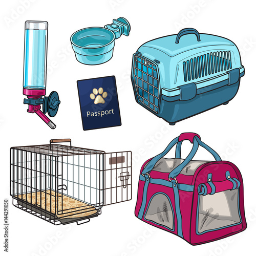 Pet transport, travel set - cage, carrier, bag, passport, drinker, food bowl, sketch vector illustration isolated on white background. Pet transport, travel accessories on white background