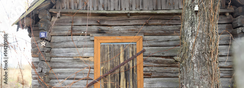 Wall of the old log house. background