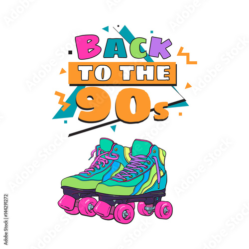 Memphis retro style back to the 90s poster, banner template with roller skates on white background. Back to the 90s party invitation, poster, banner design with geometric details and roller skates